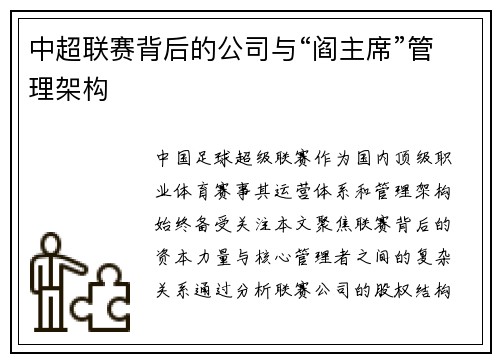 中超联赛背后的公司与“阎主席”管理架构